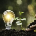 Environmental social and governance hand feed earth to lightbulb symbolising ESG